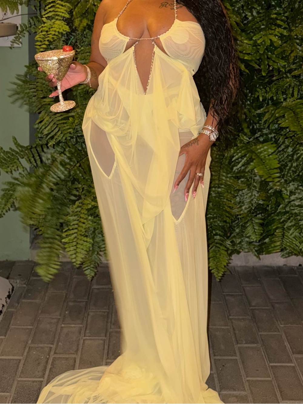 Draped Sheer Yellow Cutout Maxi Dress